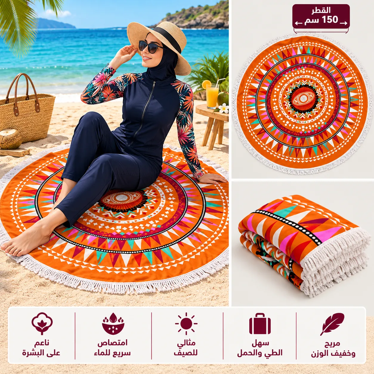 SERVIETTE DE PLAGE100% COTTON, RONDE 150CM