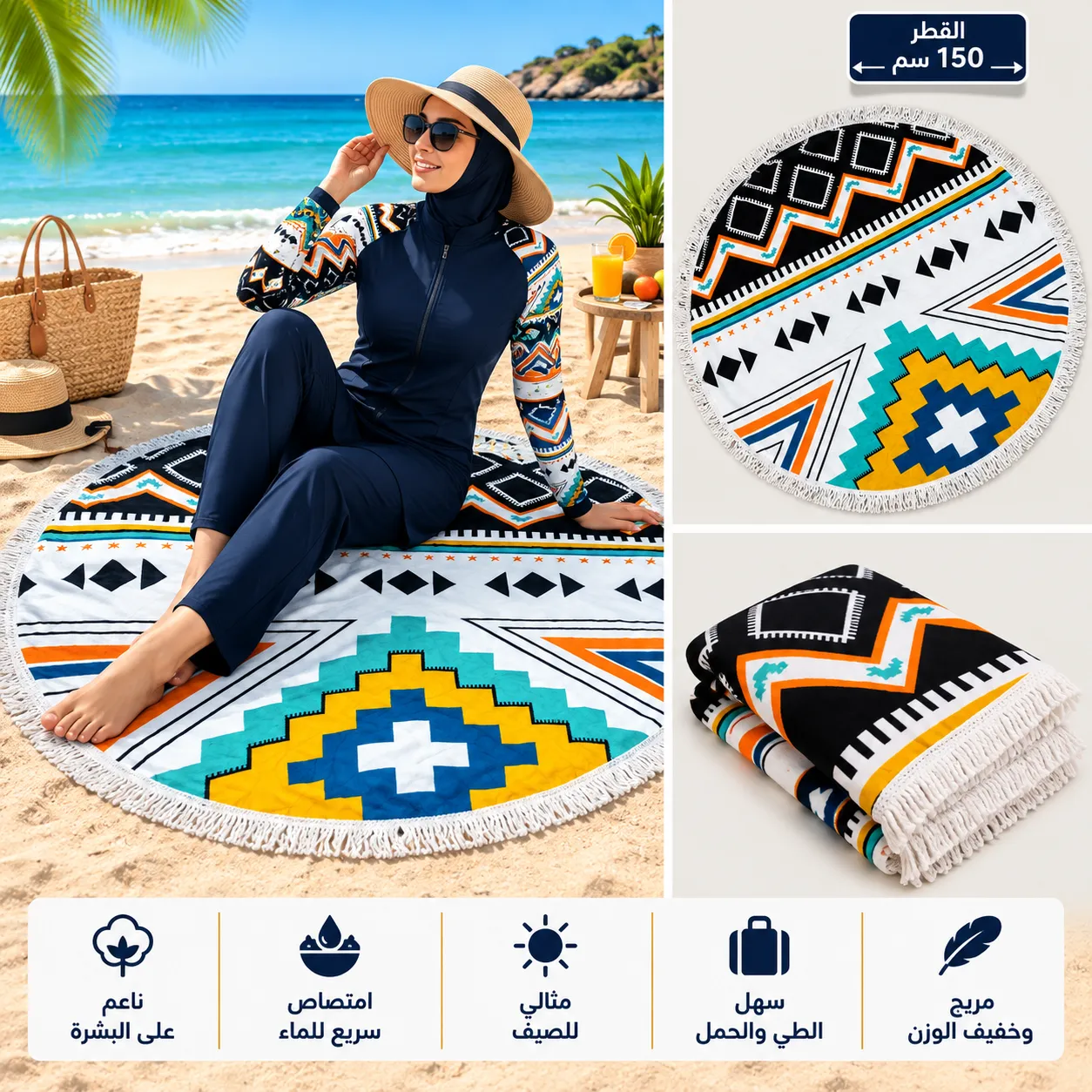 SERVIATTE DE PLAGE 100% COTTON, RONDE 150CM